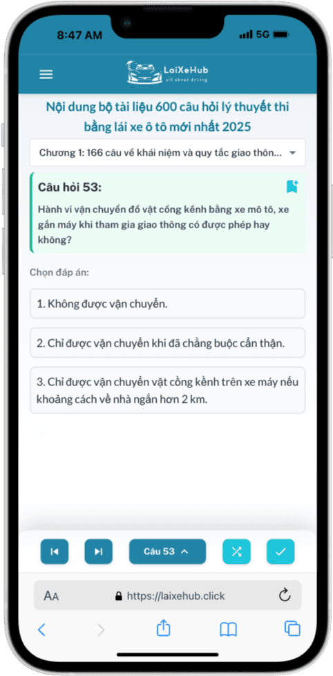 Giao diện điện thoại ứng dụng ôn thi GPLX